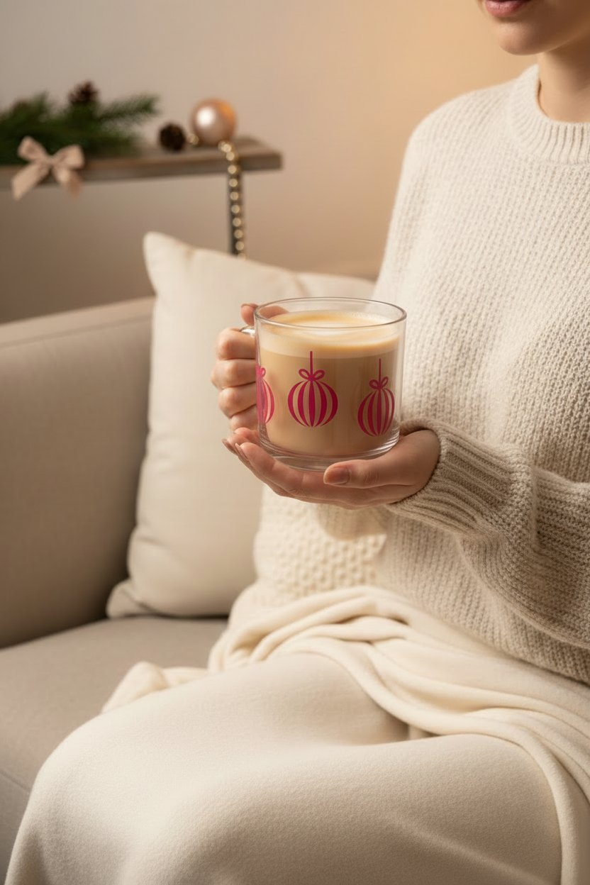 Clear Christmas bauble glass mug with a pale warm latte on a cosy neutral sofa with no face shown