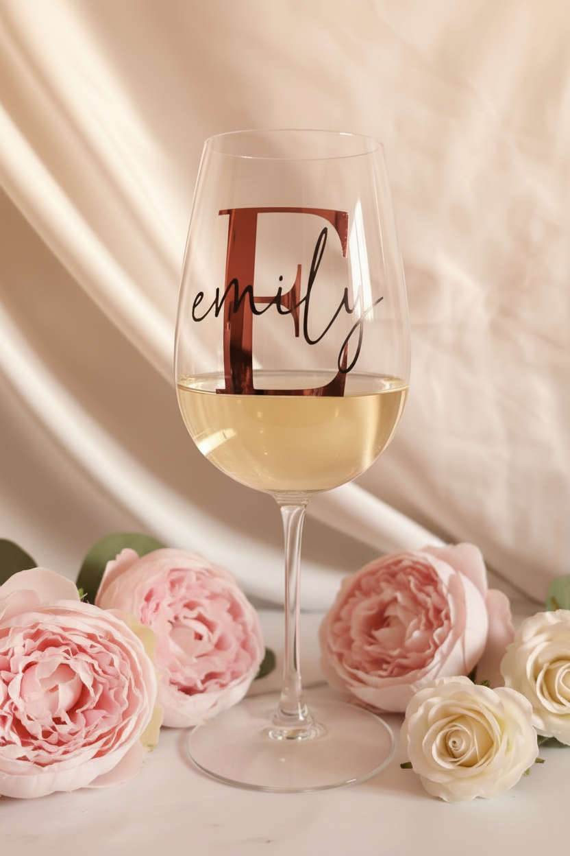 Initial Wine Glass — Pink & Cream Flat Lay