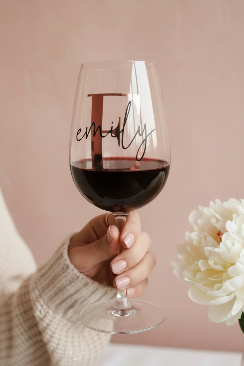 Initial Wine Glass — Pink & Cream Lifestyle