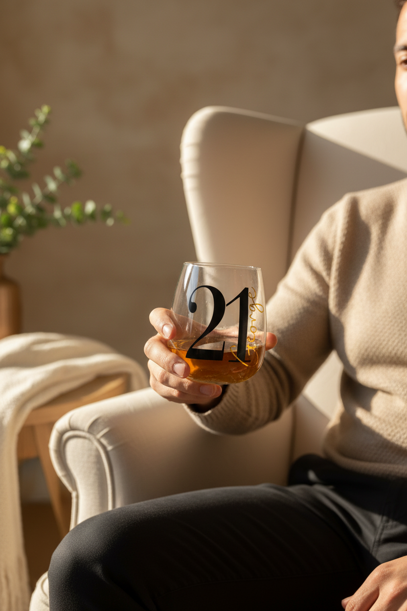 Man Holding Tumbler in Armchair