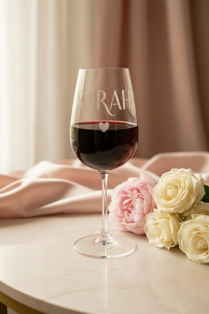 Name & Heart Wine Glass — Brighter Writing, Flat Lay