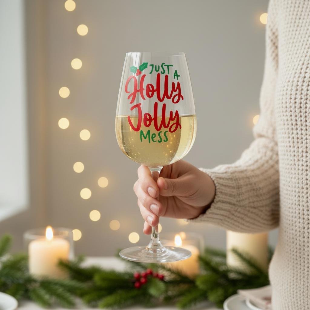 Person in a cream jumper holding the Holly Jolly Mess wine glass at Christmas
