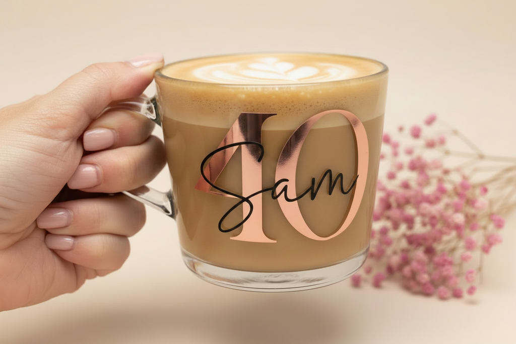 Personalised Name & Age Mug — Held, Light Drink