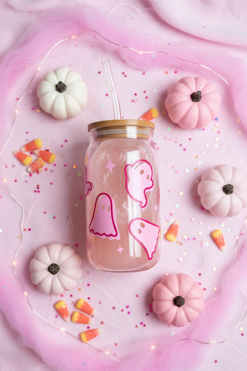 Pink Ghost Tumbler - Halloween Flat Lay