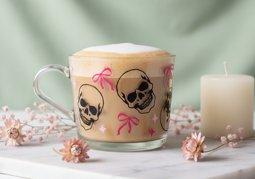Skull Pink Bow Glass Mug — Light Drink
