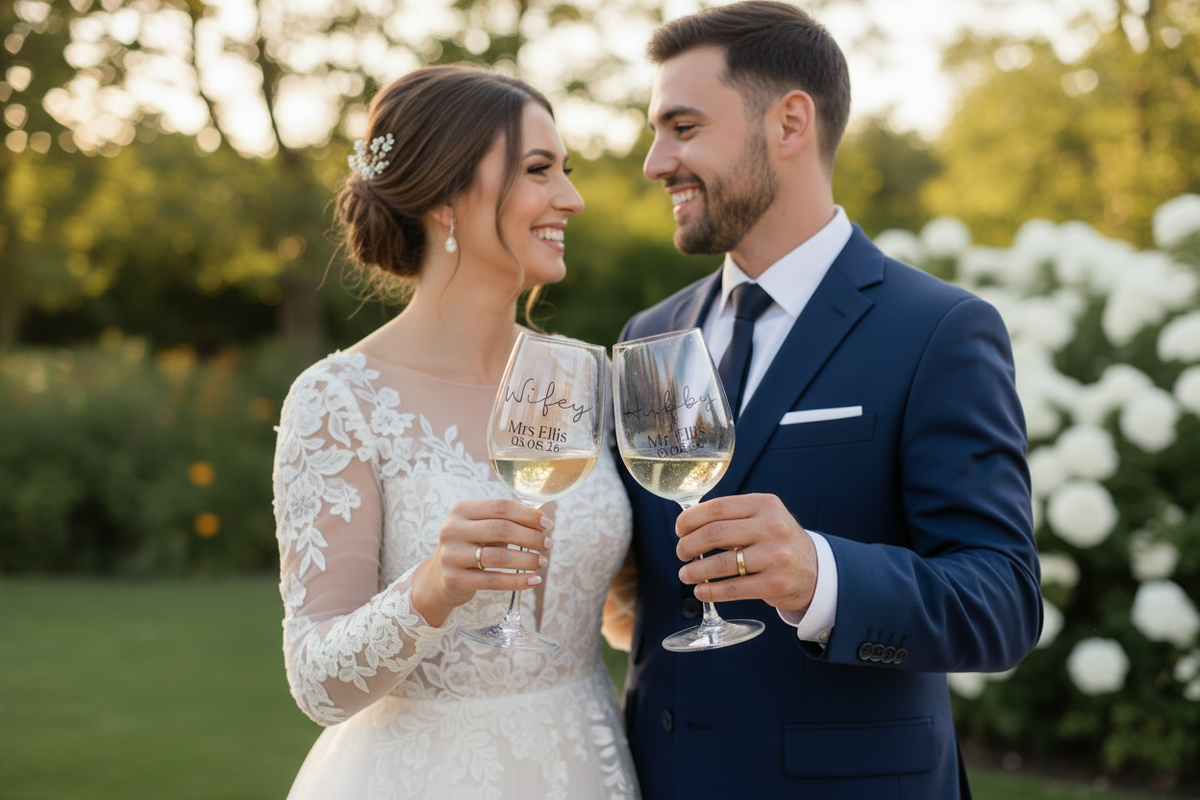 Wifey & Hubby Glasses — Garden Couple, White Wine