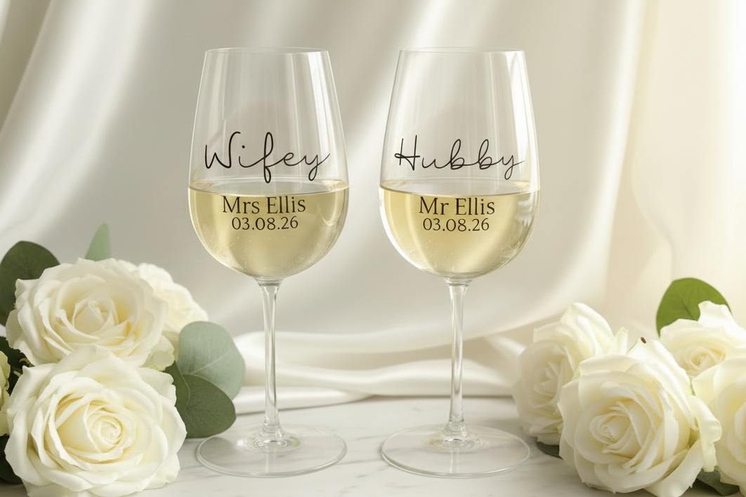 Wifey & Hubby Glasses — White Wine Flat Lay